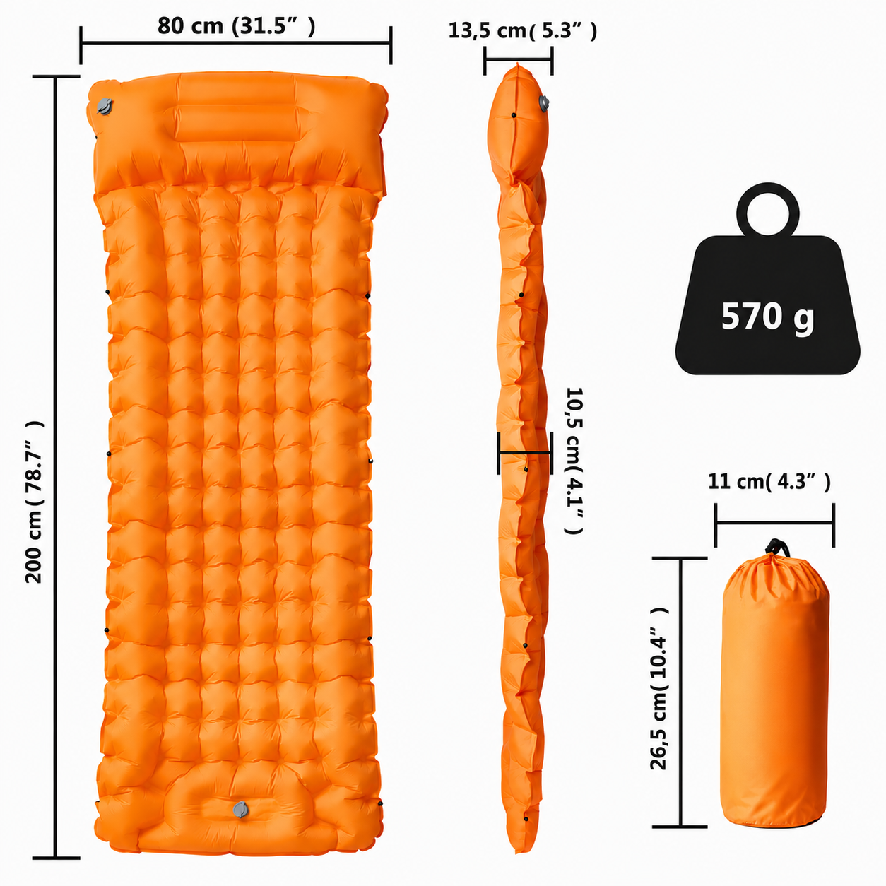 Misure del materassino Nordvik: 200 × 80 cm, spessore 10,5 cm, peso 570 g, sacca 11 × 26,5 cm